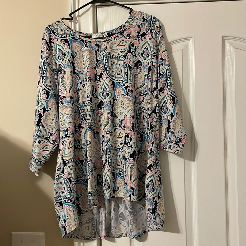 Kim Rogers Tunic 2x paisley pattern blue yellow green